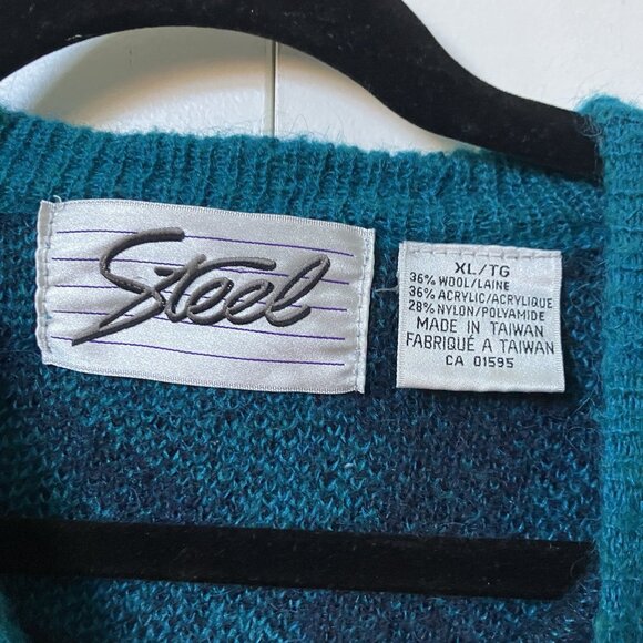 Vintage Steel Sweater Womens‎ XL Blue Black Knit Wool Blend Granny Pullover 90s - Picture 2 of 5